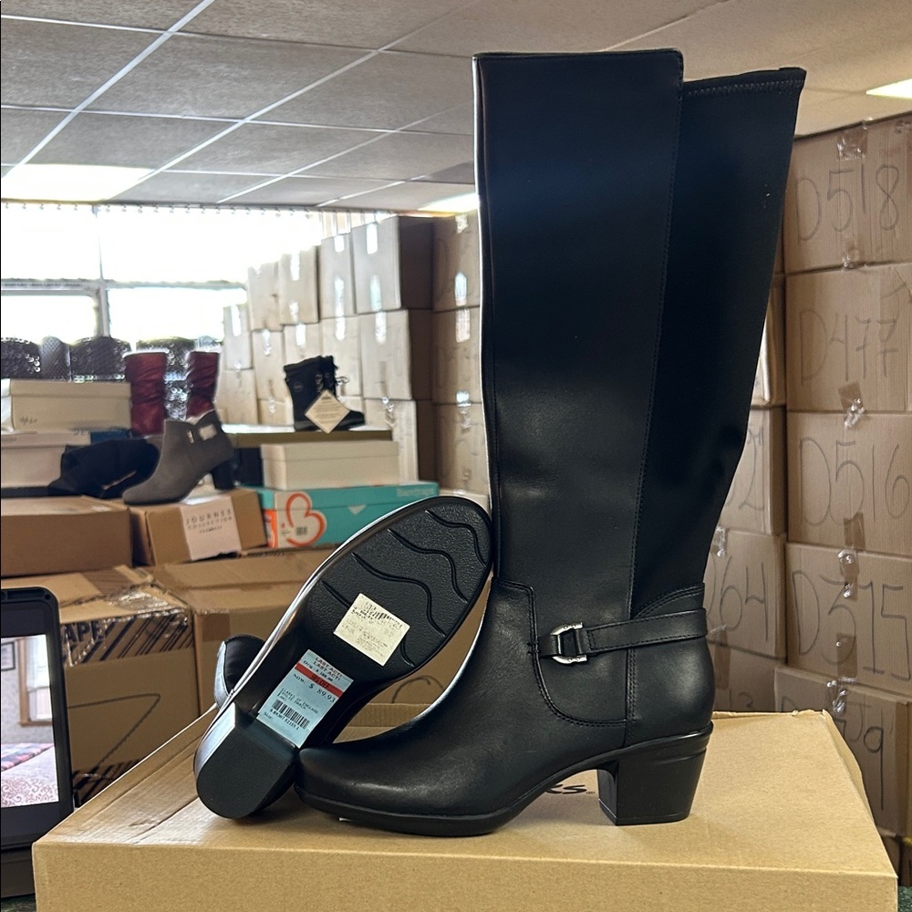Clarks Black Knee-High Block Heel Riding Boots